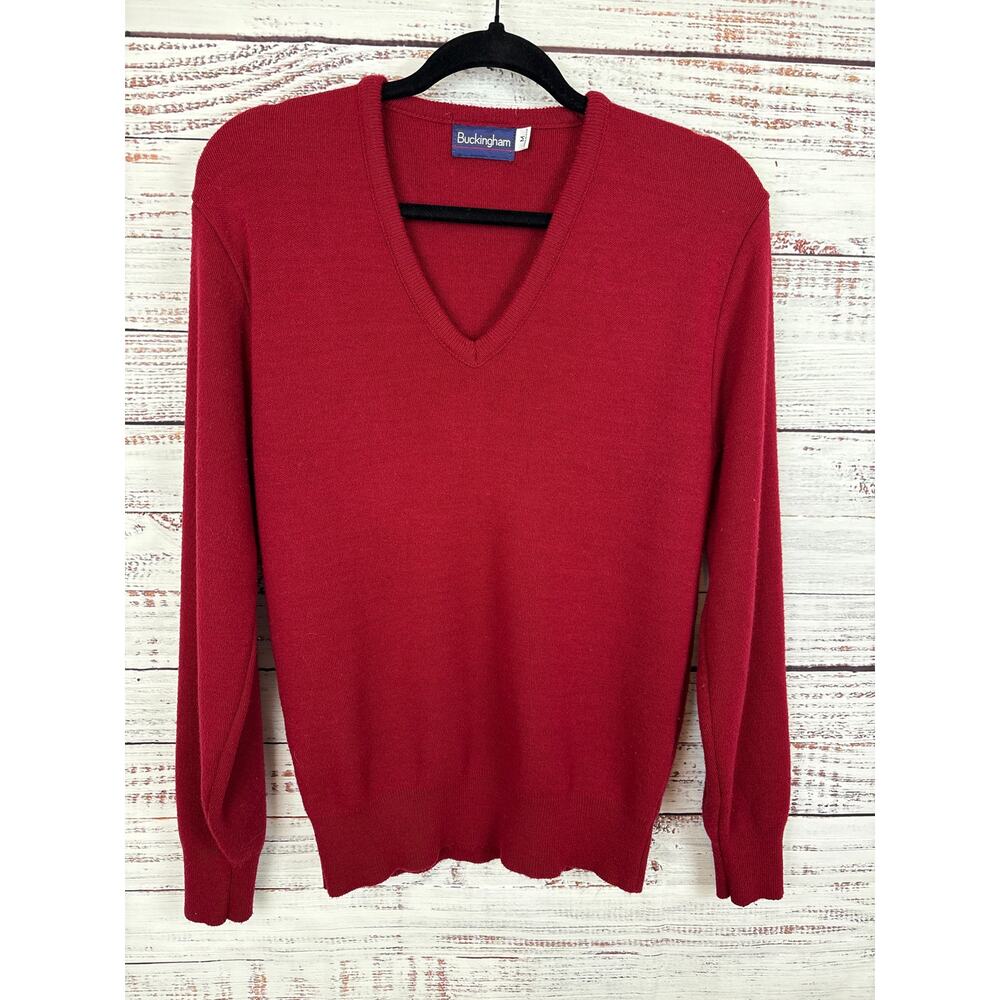 Mens VTG Cranberry Red V Neck Buckingham Pullover Sweater Acrylic Grandpa USA M